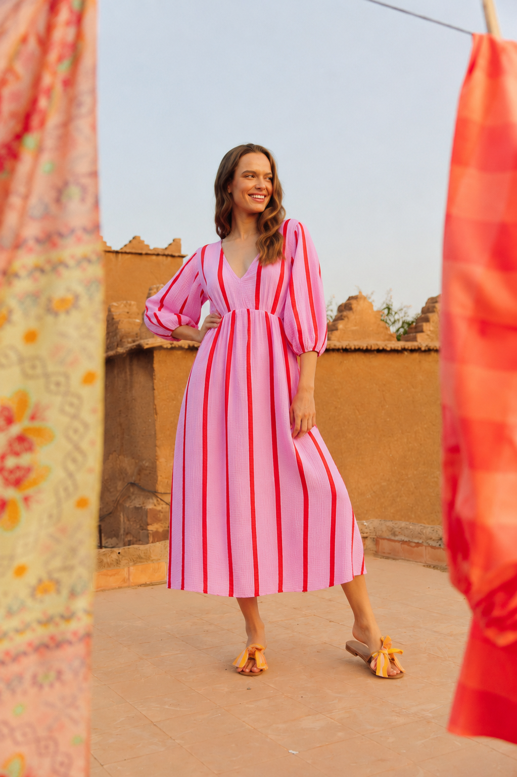 Fern cheesecloth pink and red stripe dress