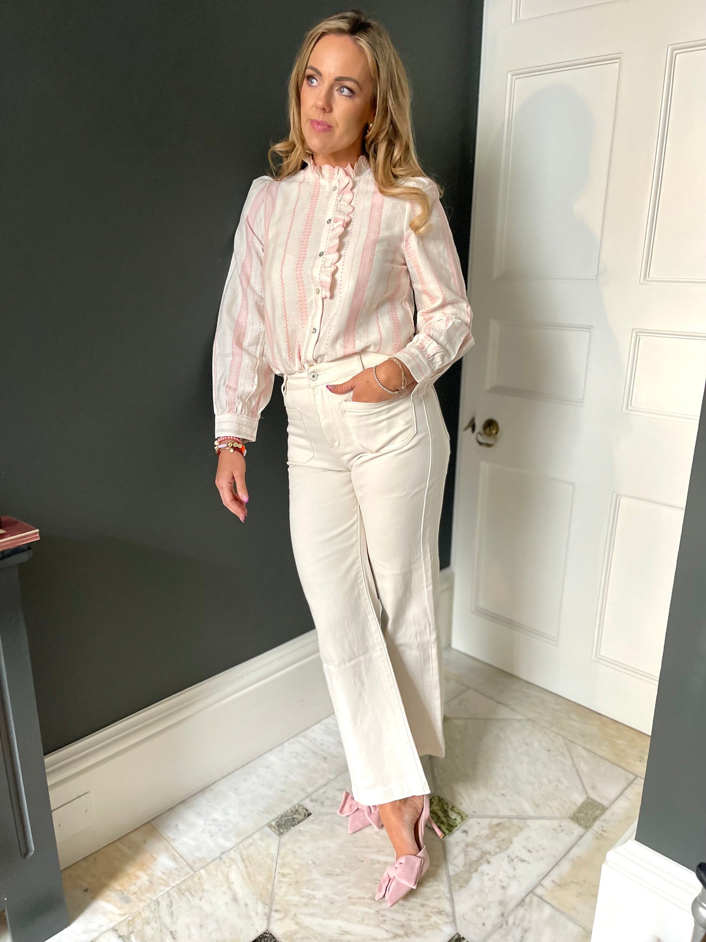 Lucille soft pink striped ruffle blouse