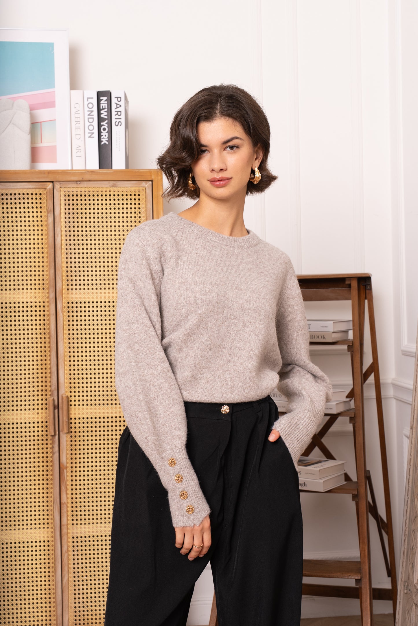 Lauren taupe fluffy jumper with sleeve gold buttons