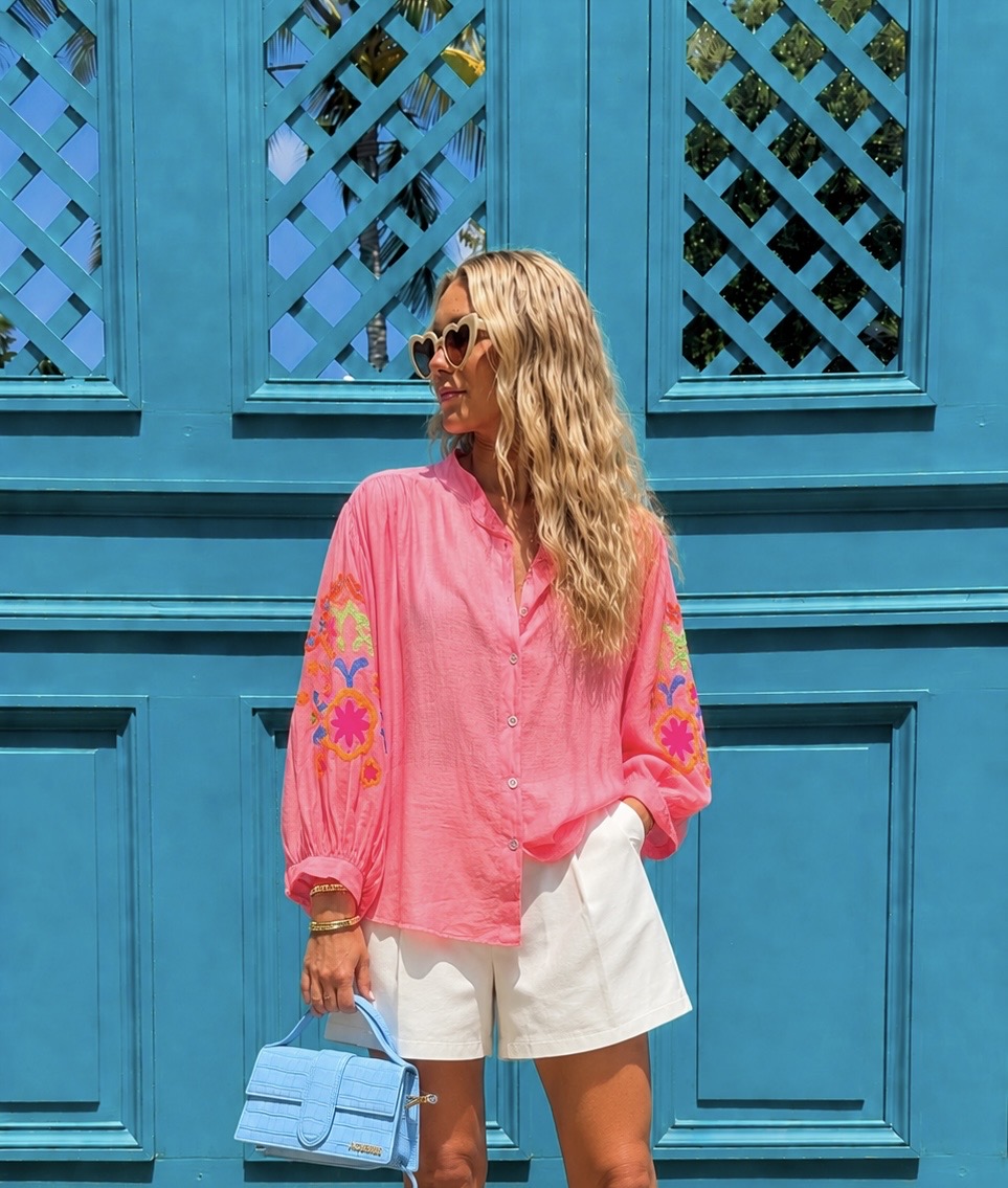 Jackie neon coral embroidery blouse