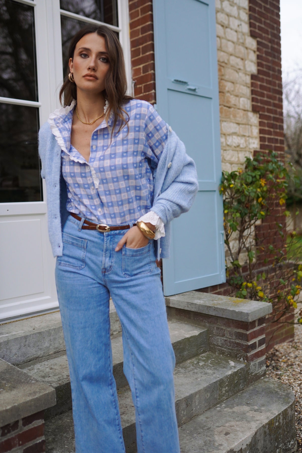 Naomi blue check heart print blouse