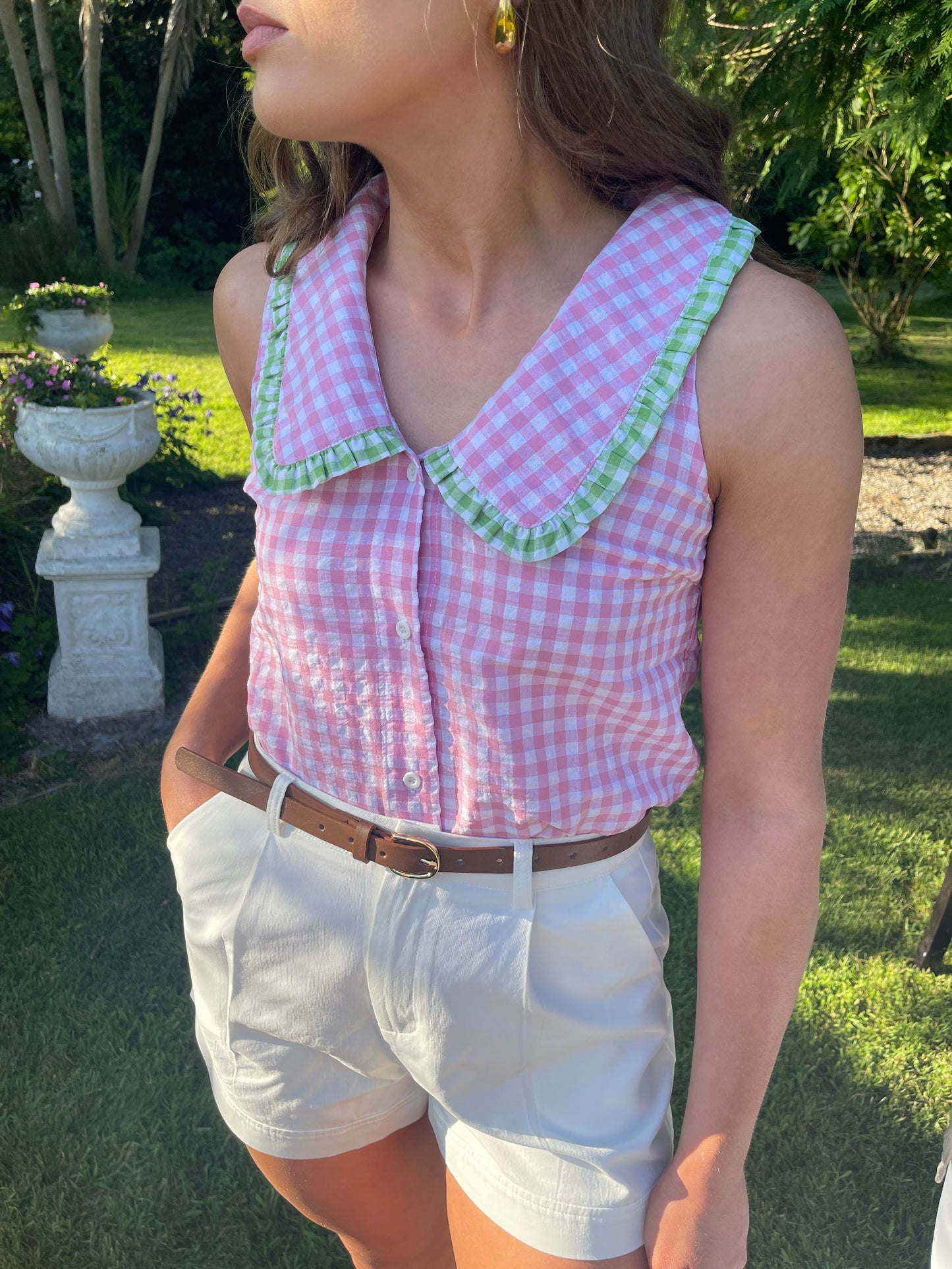 Iggy pink and green Peter Pan gingham blouse