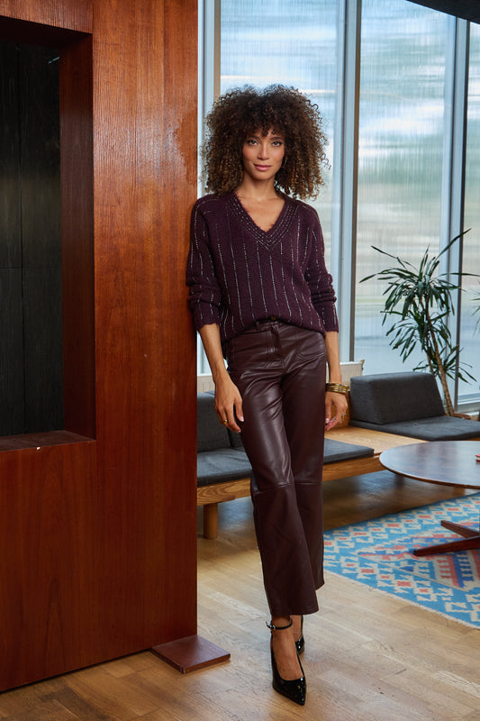 Andrea burgundy leather wide leg trousers