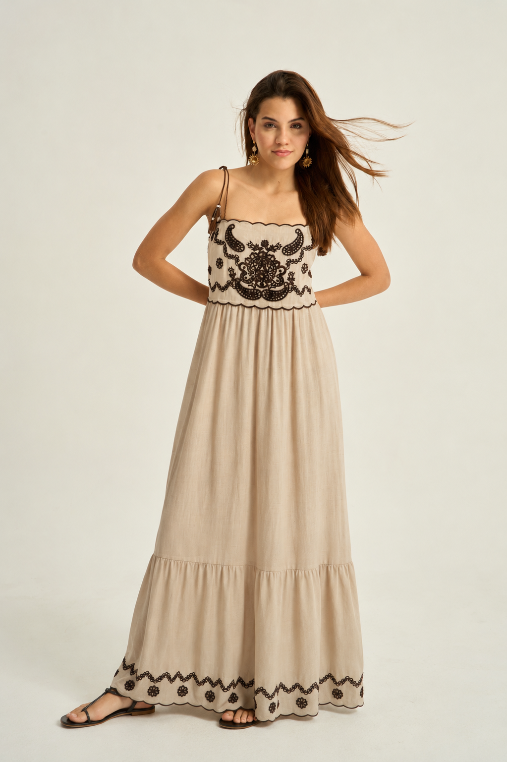 Ivy beige linen embroidered long summer dress