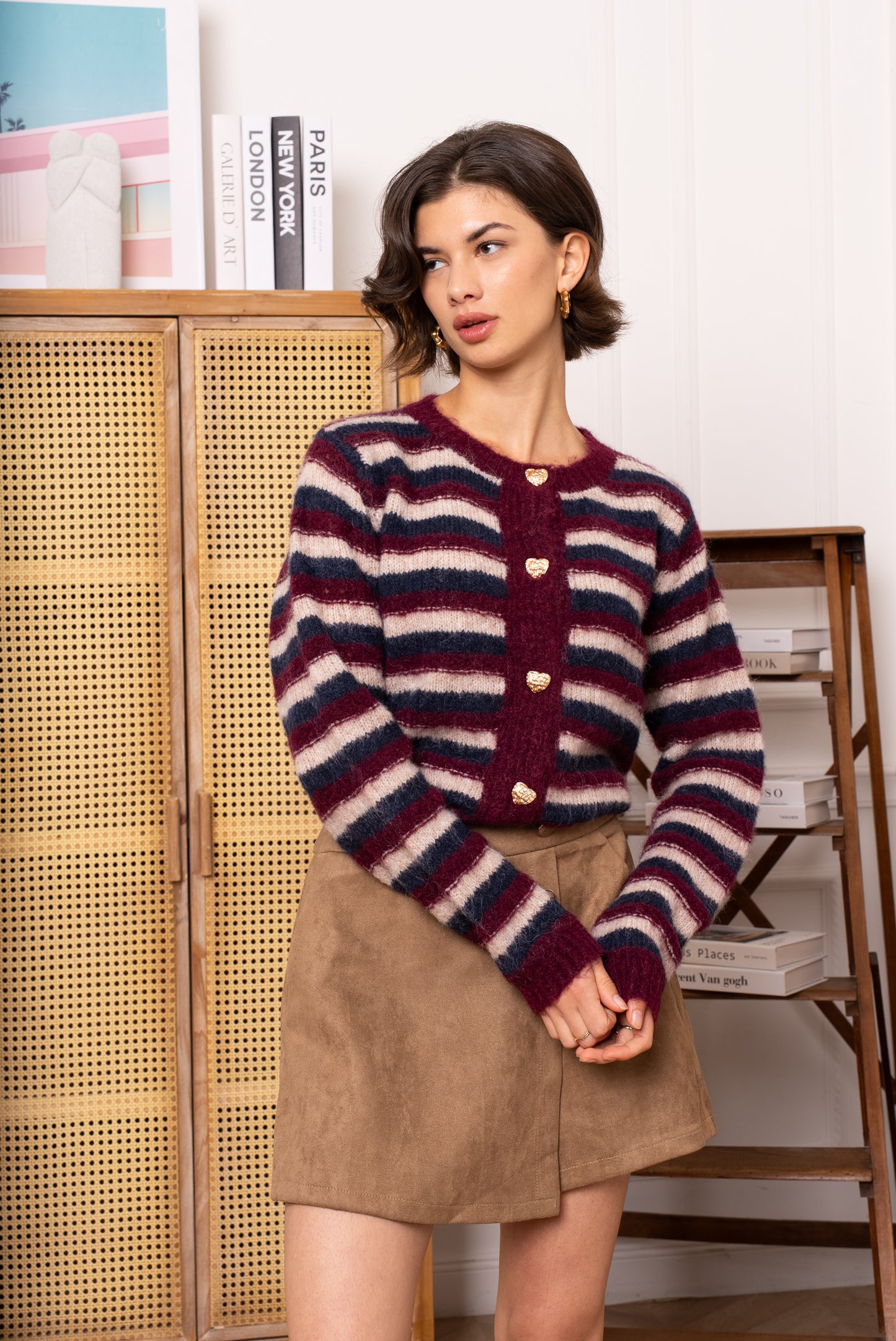 Eve gold heart button striped cardigan