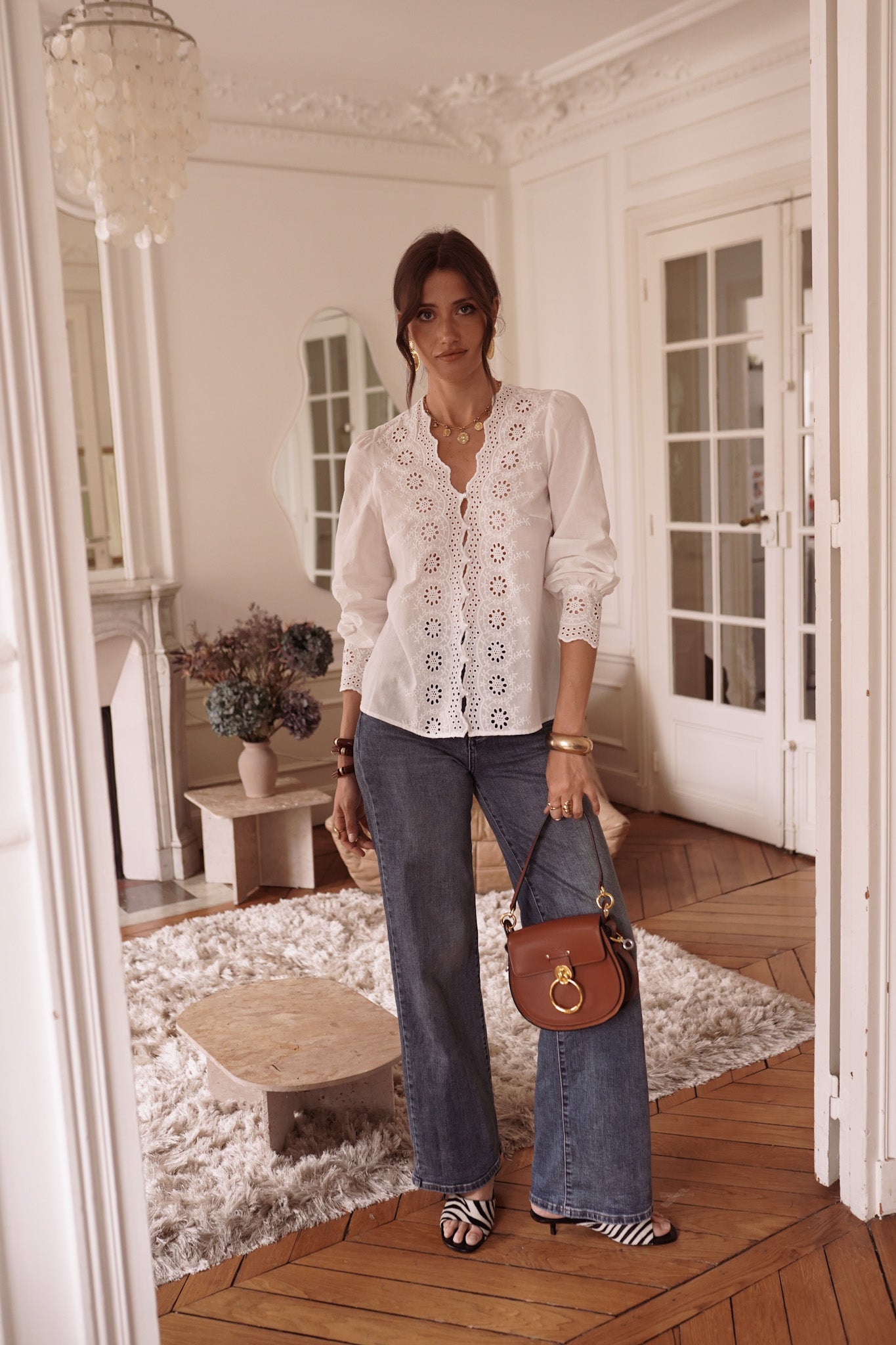 Celeste white lace blouse pearl buttons
