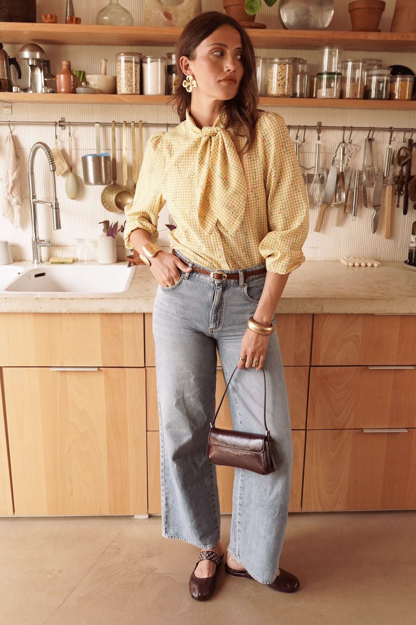 Maisie yellow bow tie gingham blouse