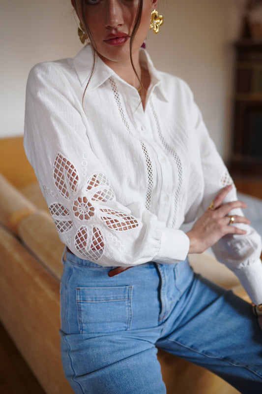 Cassandra white lace cut work blouse