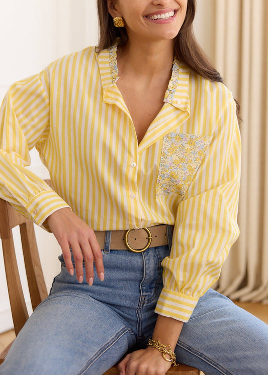 Mila yellow striped floral pocket shirt