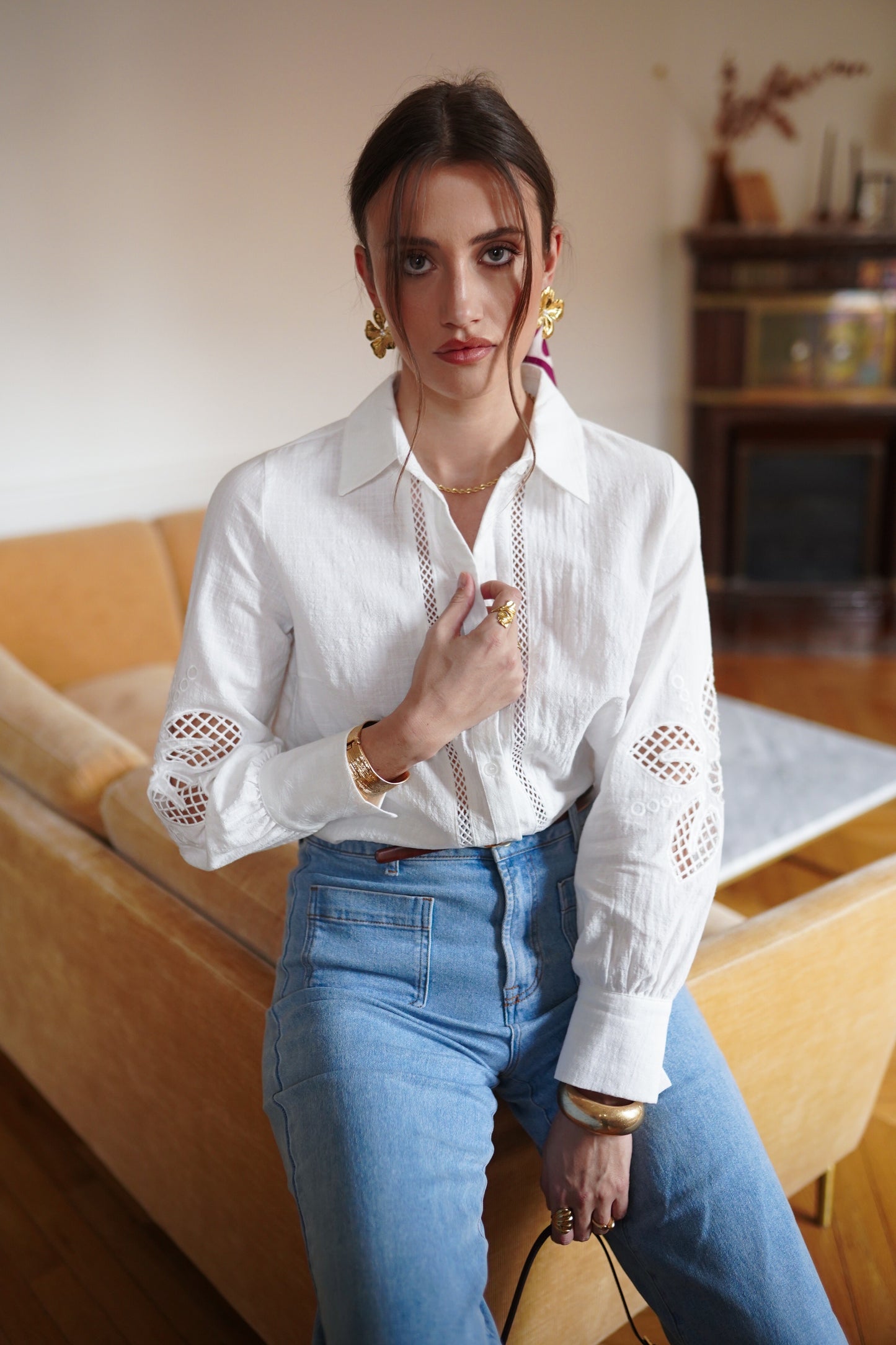 Cassandra white lace cut work blouse