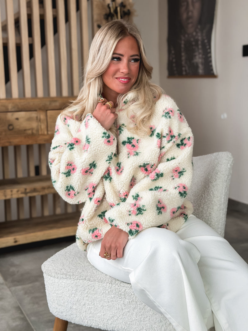 Fern pink floral Sherpa half zip fleece
