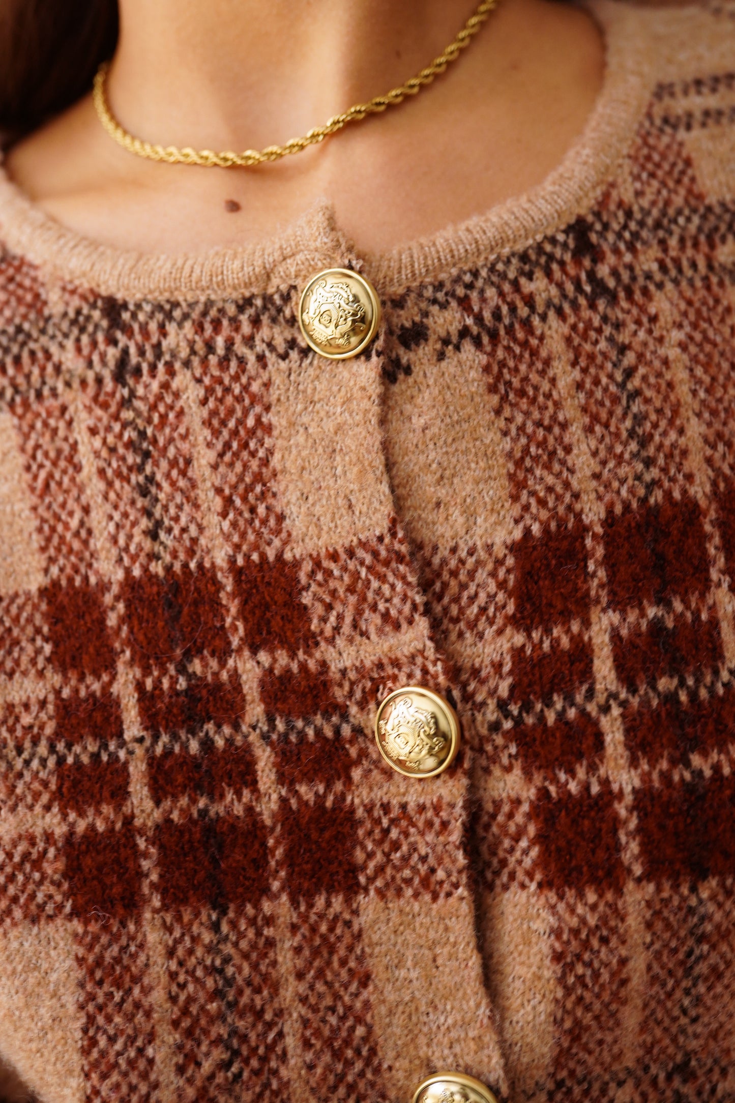 Chloe tartan check print cardigan with gold buttons