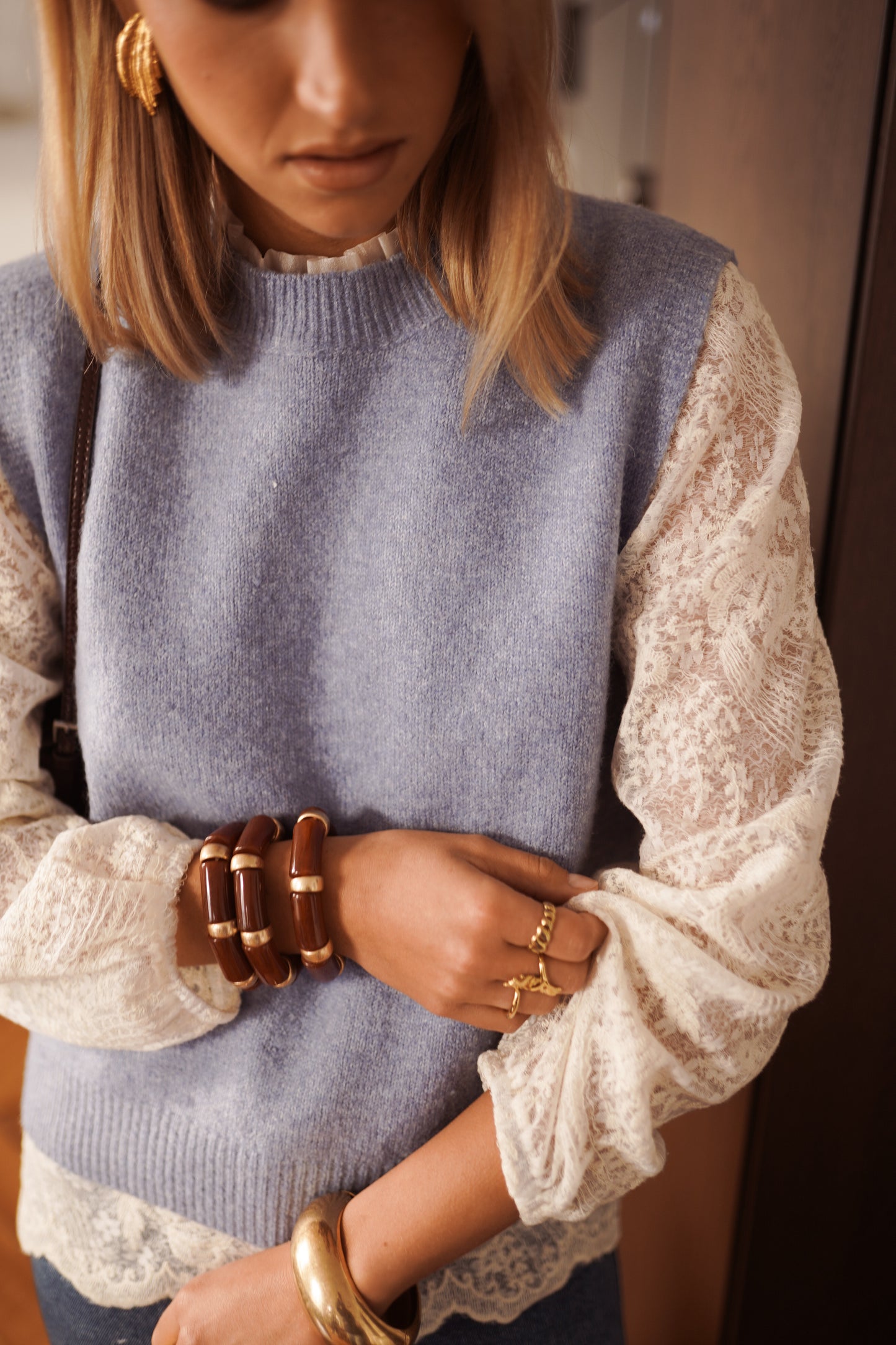 Penelope blue knit gilet & blouse set