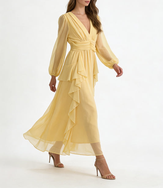 Bella lemon yellow floaty balloon sleeve dress