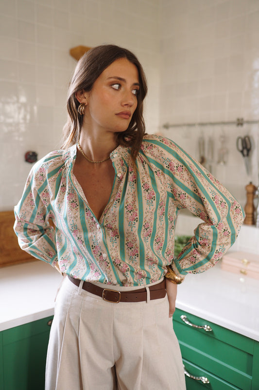 Zoe green stripe floral boho blouse