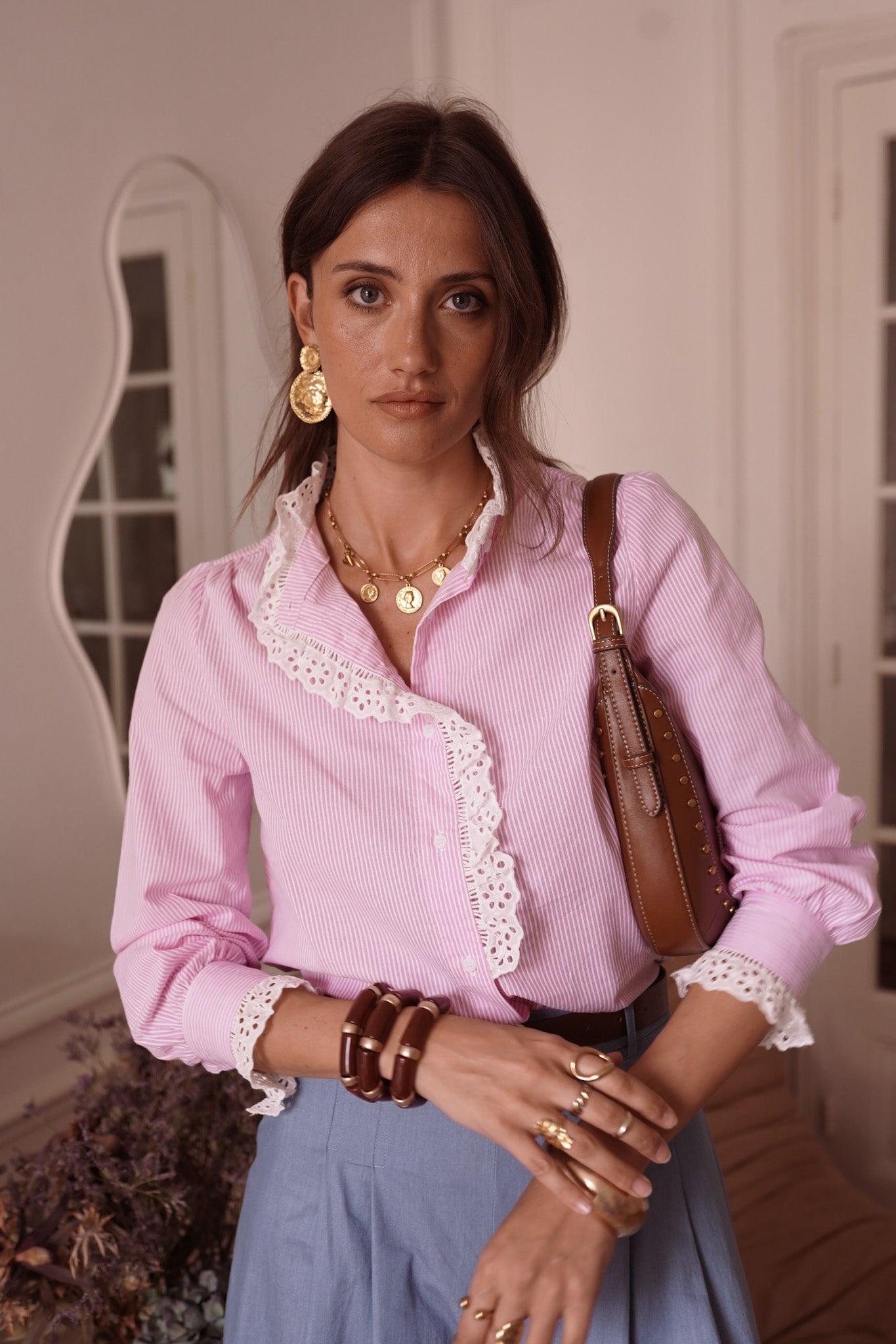 Margot pink stripe lace ruffle blouse