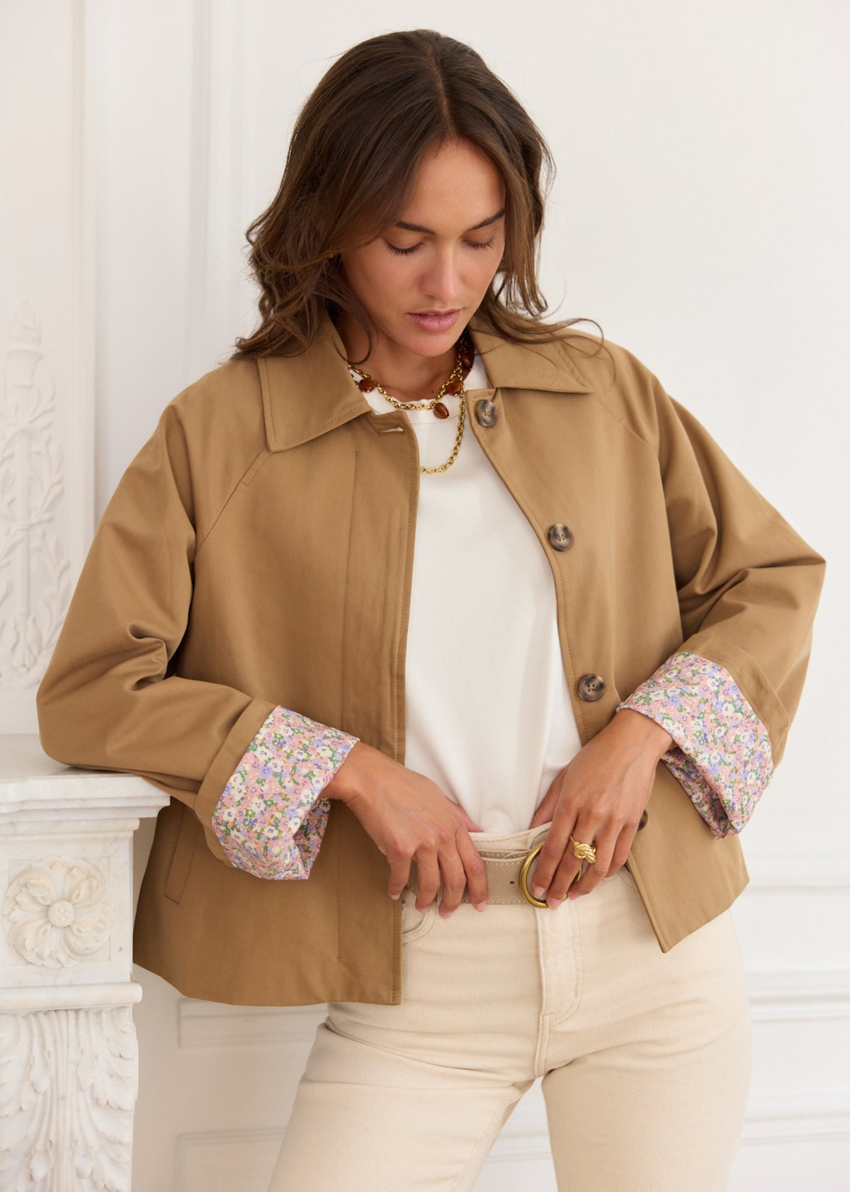 Harper camel floral lined trench jacket