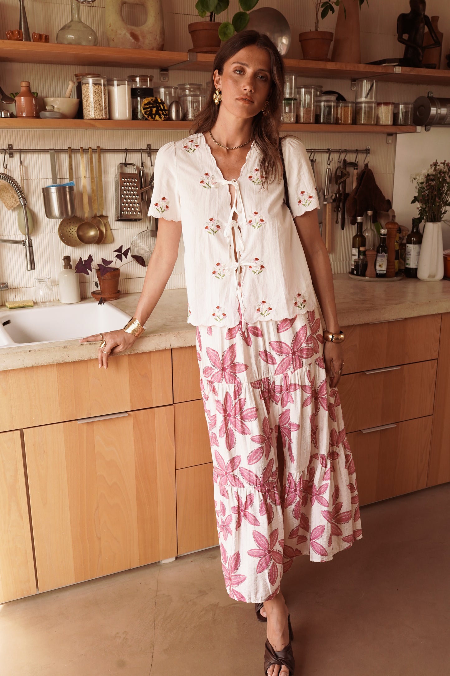 Lena floral tie front white blouse
