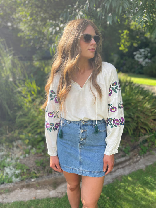 Purple flowers embroidered boho blouse