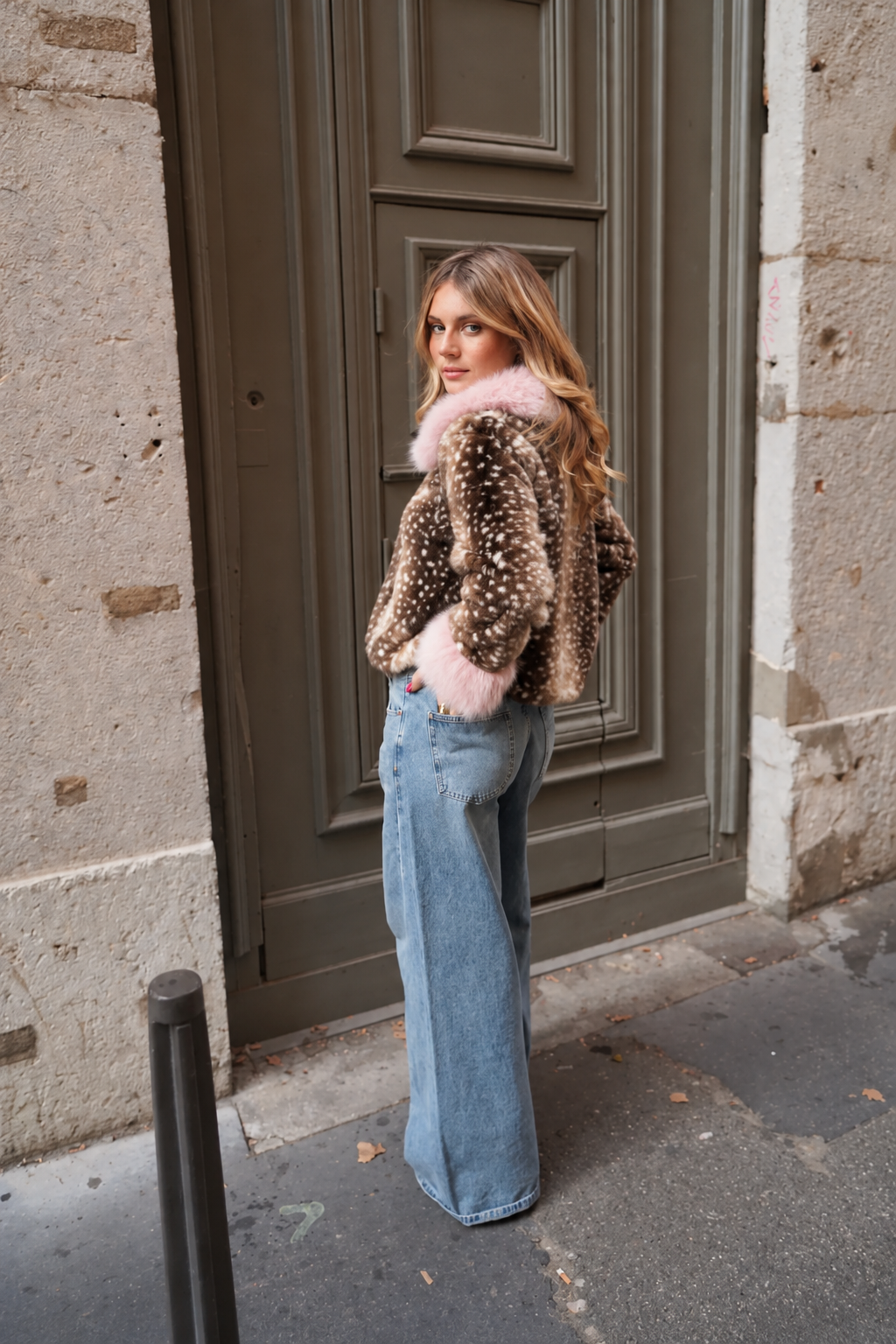 Faith deer print pink fur collar jacket