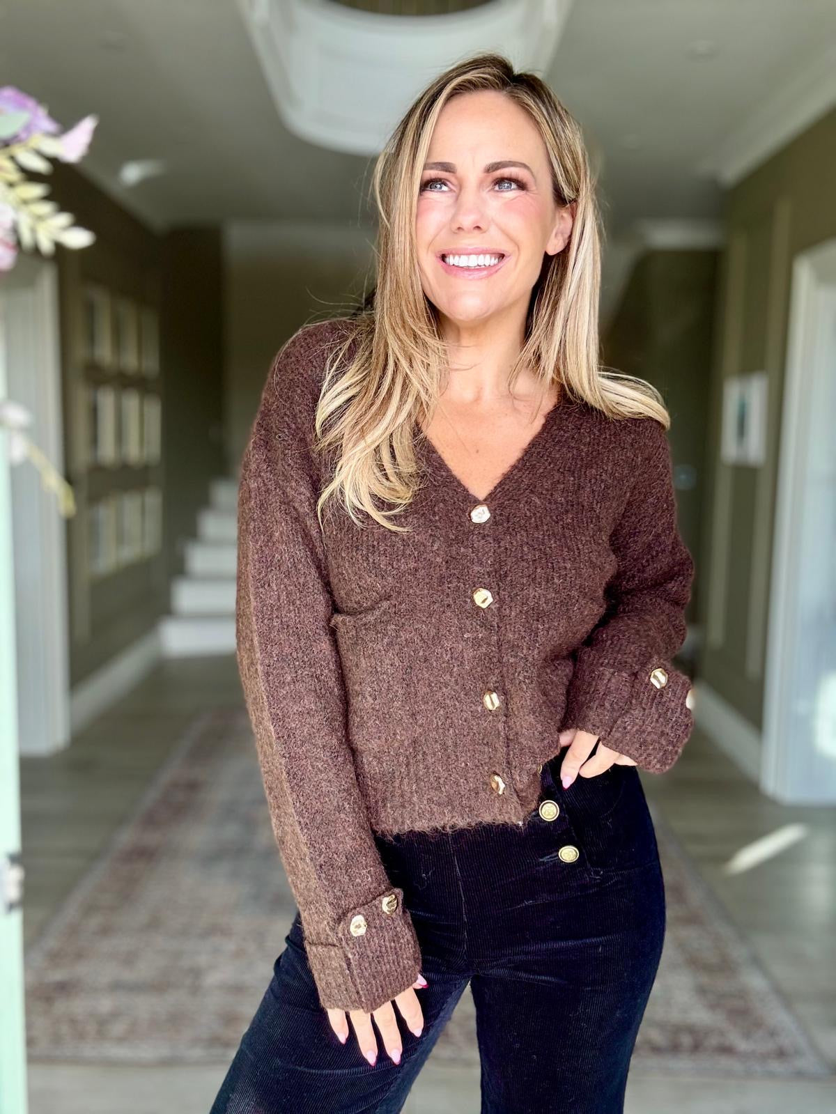 Isla chocolate brown gold button cardigan