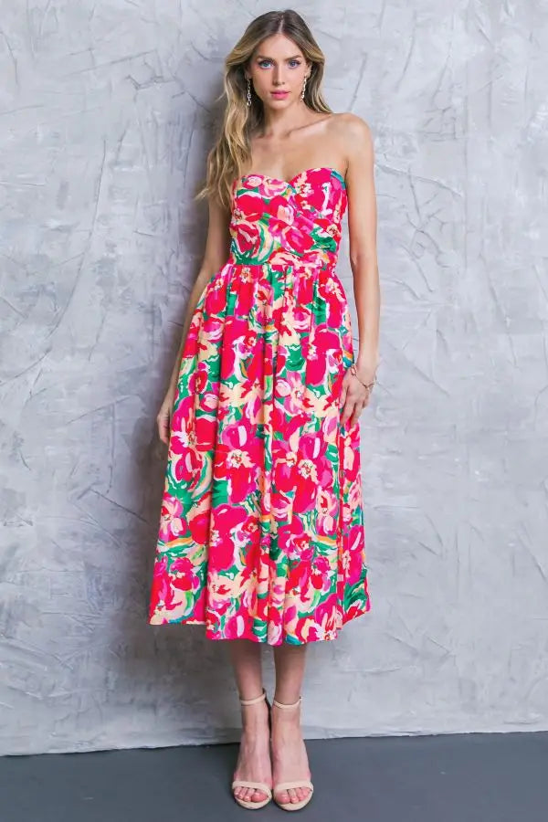 Floral strapless midi dress with pockets