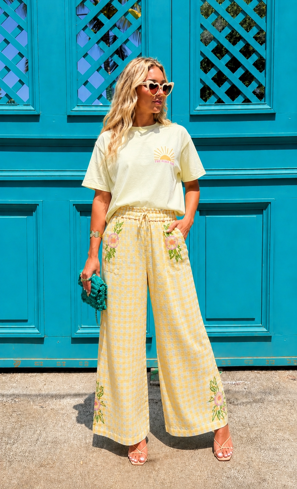 Mila yellow gingham floral embroidered pants