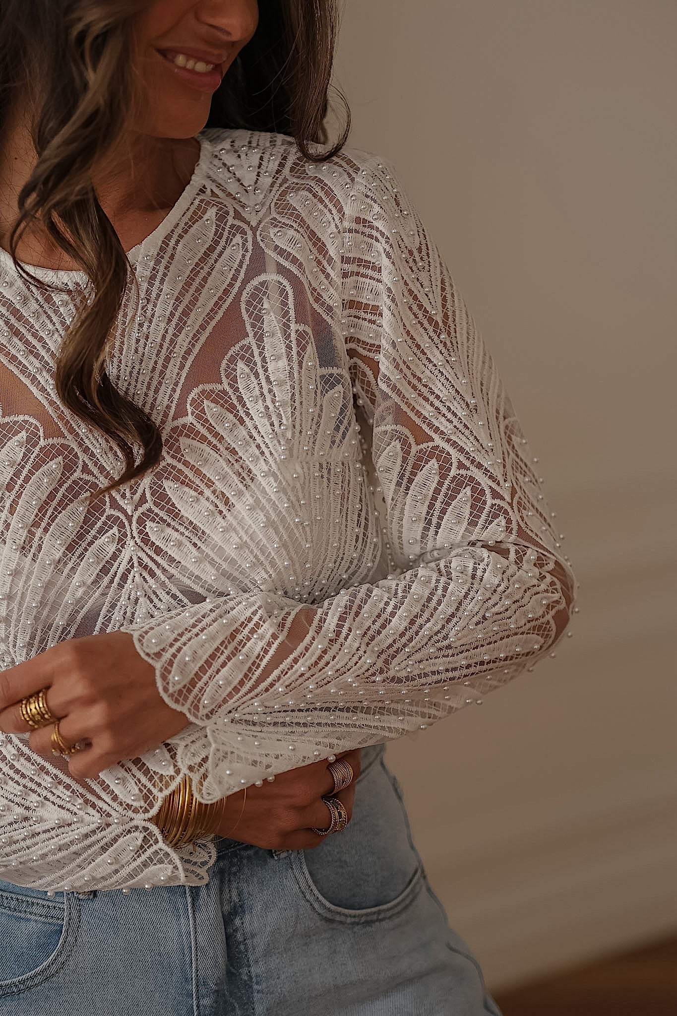 Lola white pearl beaded embroidered top