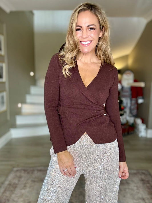 Amelia chocolate brown wrap knit top