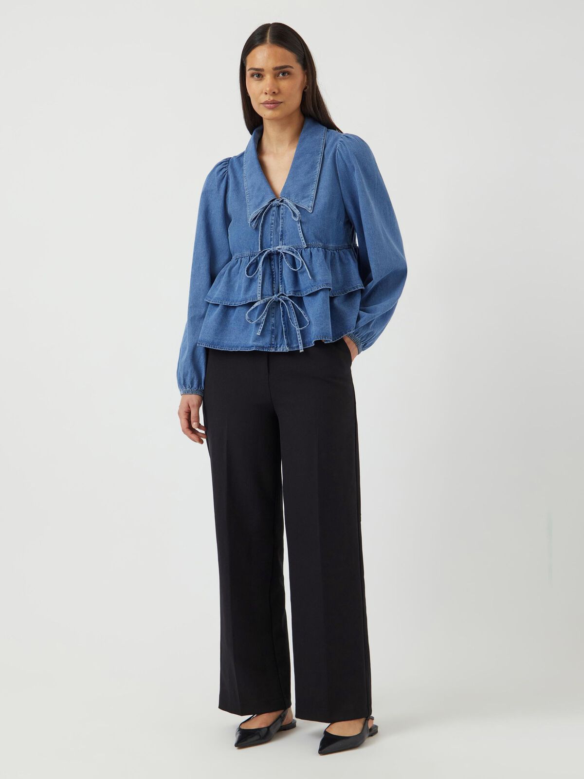 YASCELINDE denim frill tie front top