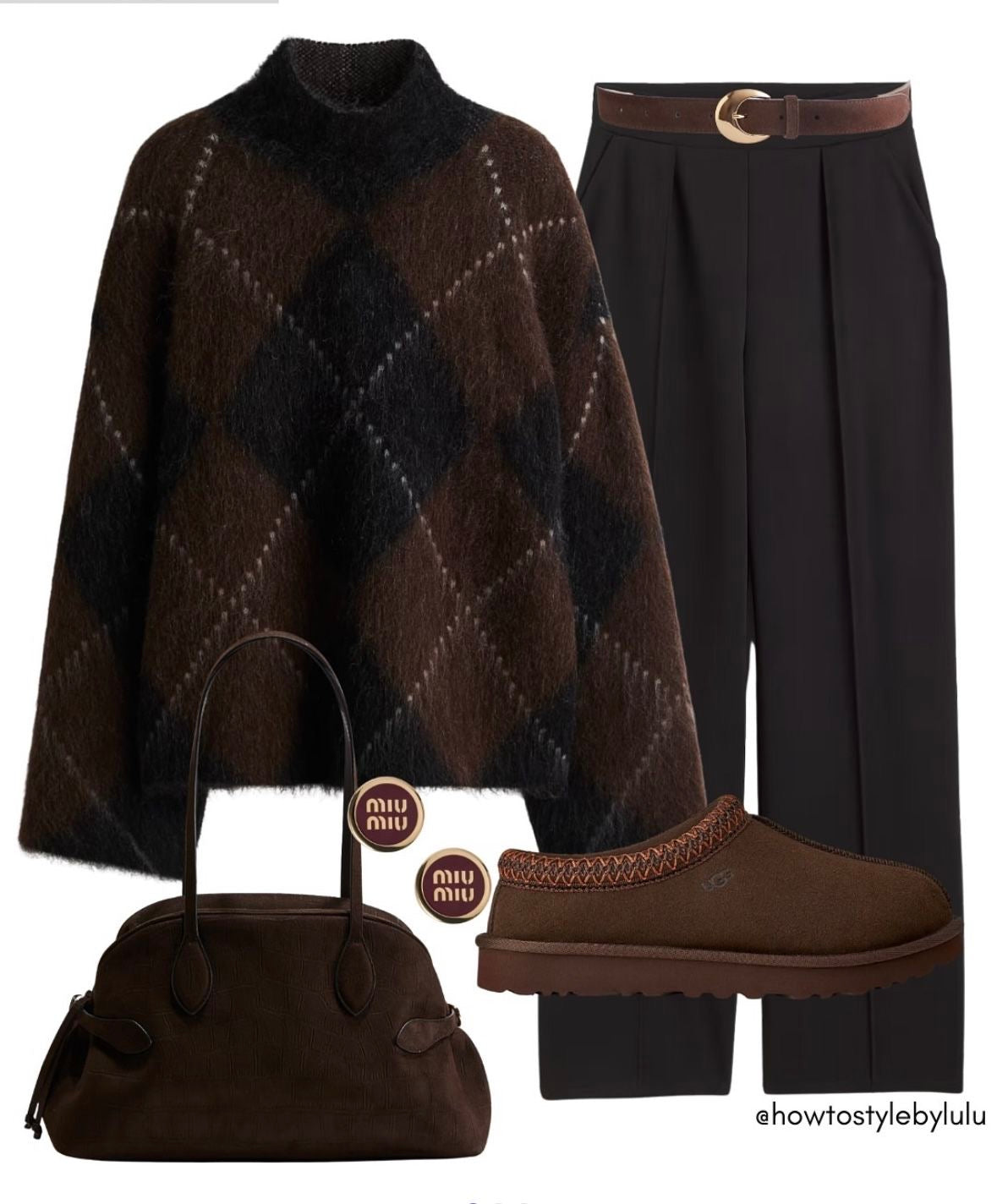 Argyle grey & brown polo jumper