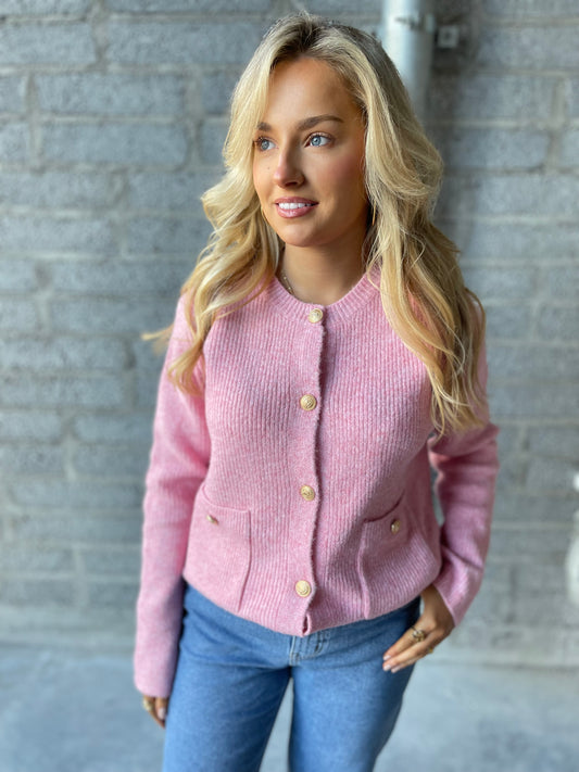 Kate pink ribbed cardigan with gold buttons