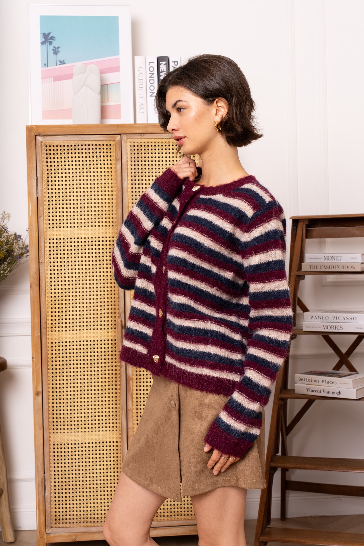 Eve gold heart button striped cardigan