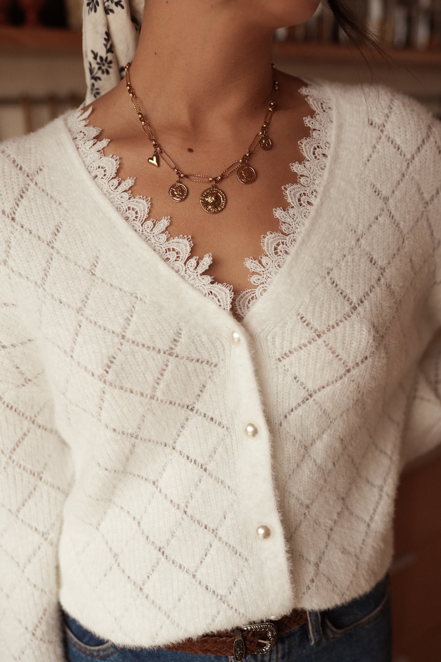 Nola Ivory lace trim v neck jumper