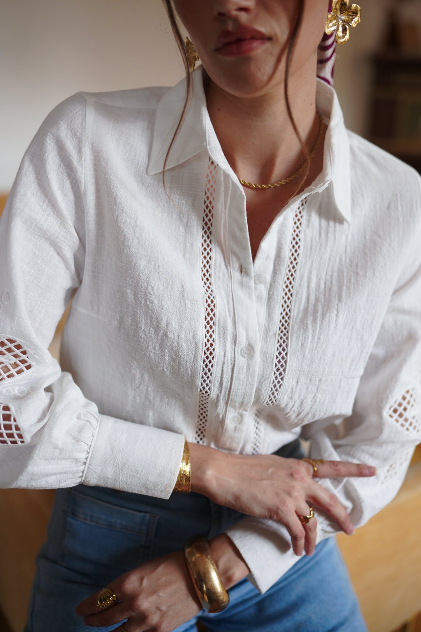Cassandra white lace cut work blouse