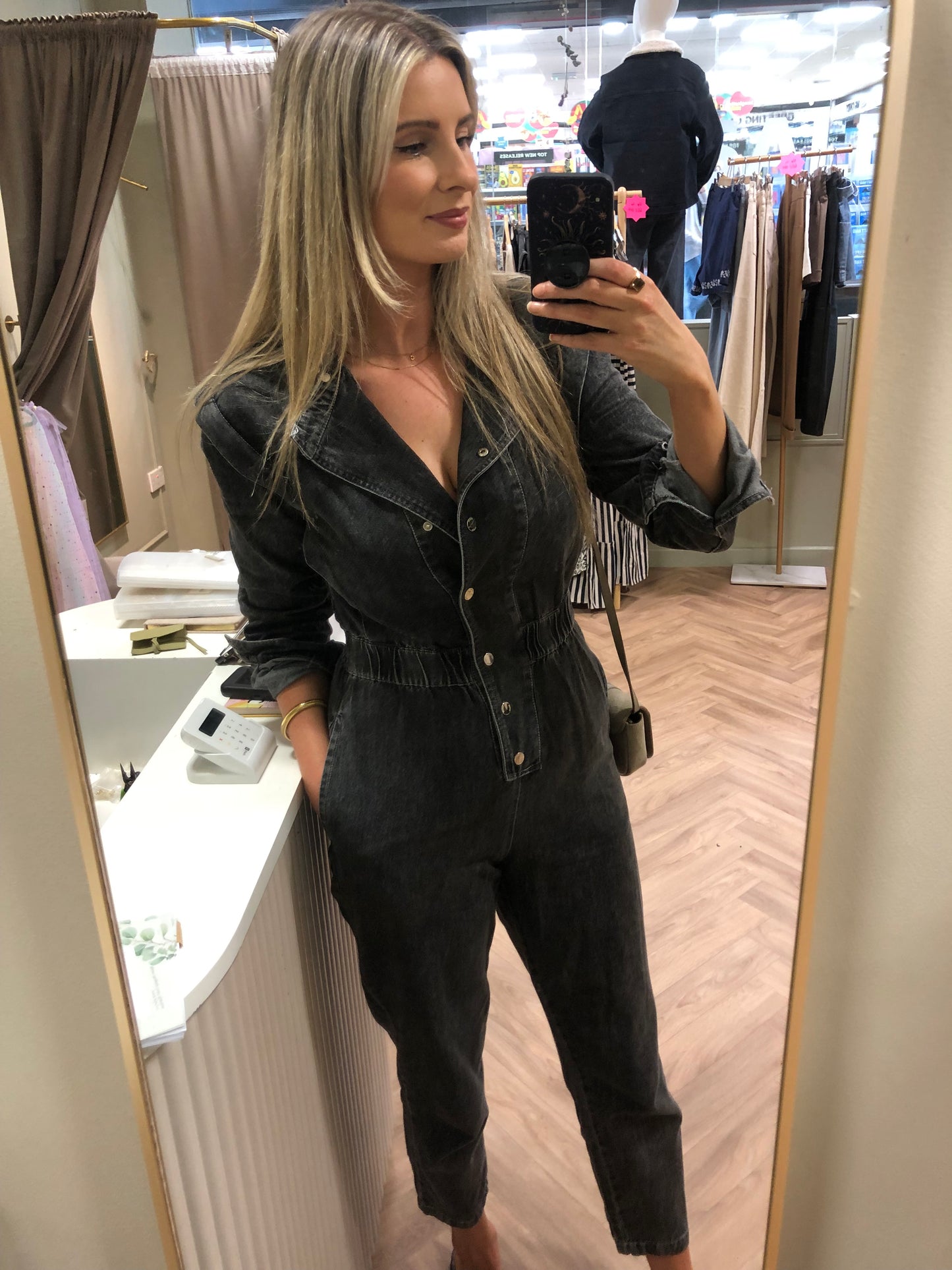 Zoë washed black denim jumpsuit