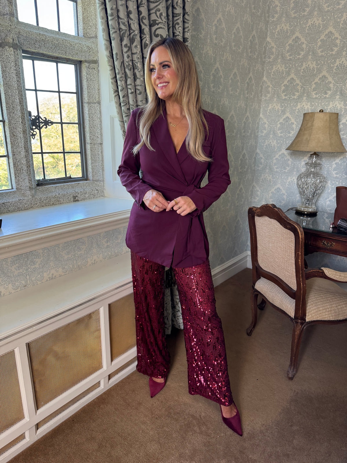 Lily burgundy tie draped long blazer