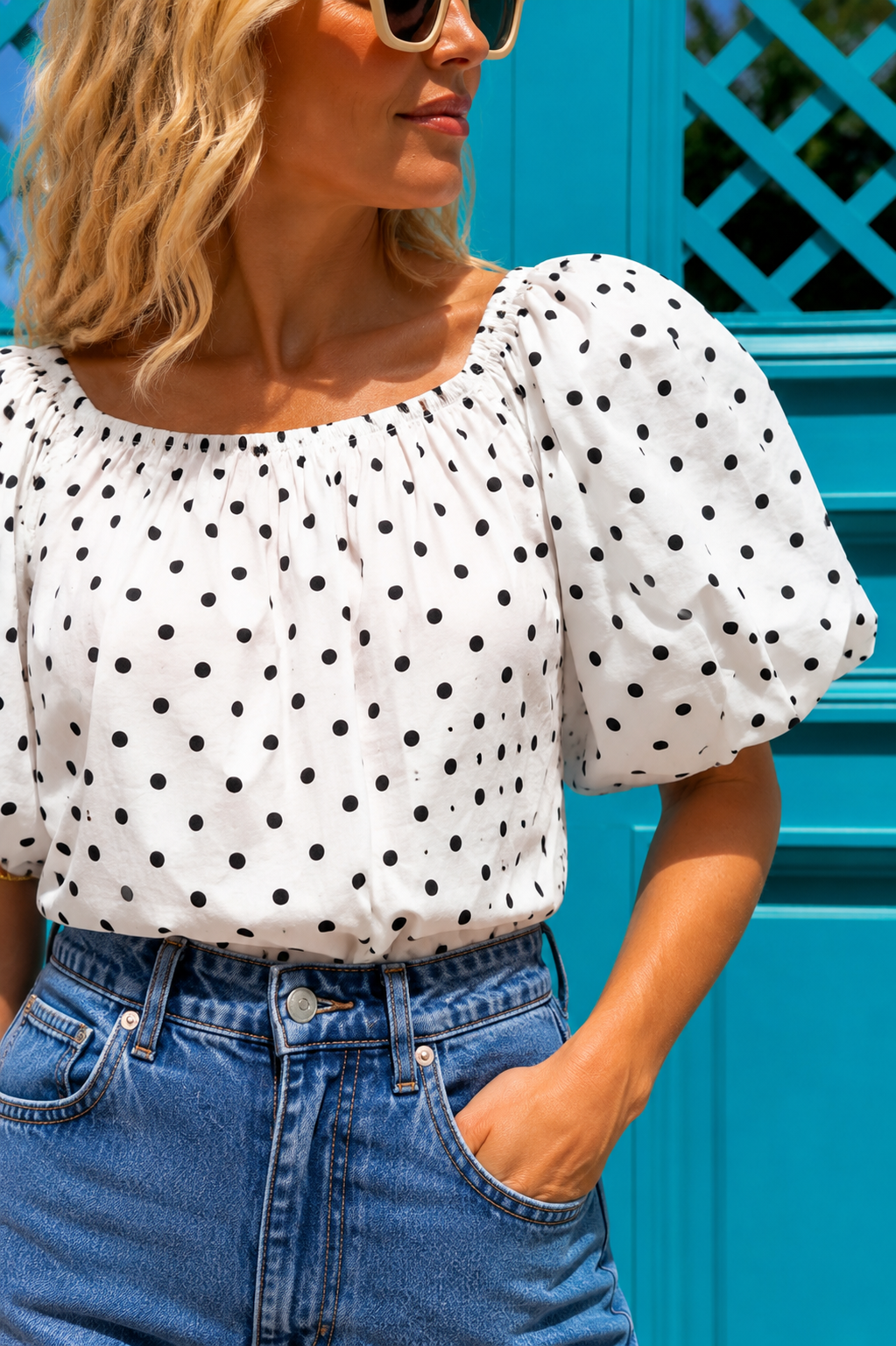Kayla white polka dot bow back top