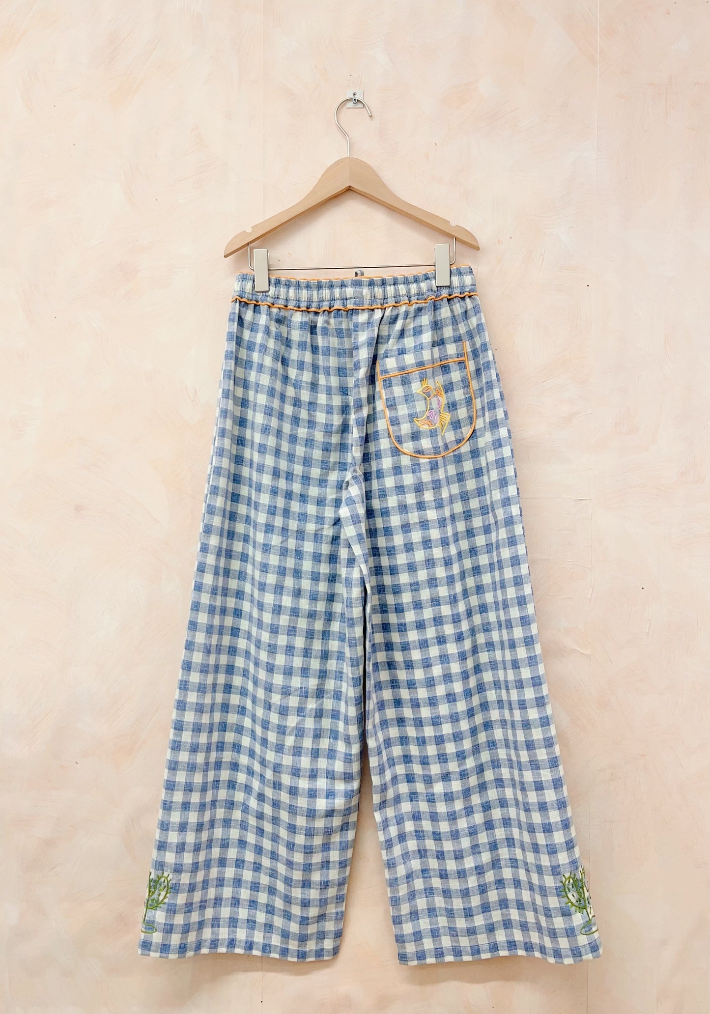 Mila blue gingham floral embroidered pants