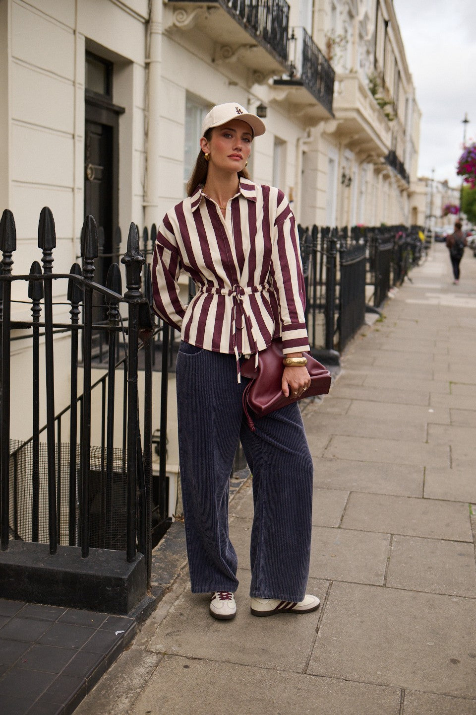 Suzy striped burgundy tie stripe over shirt