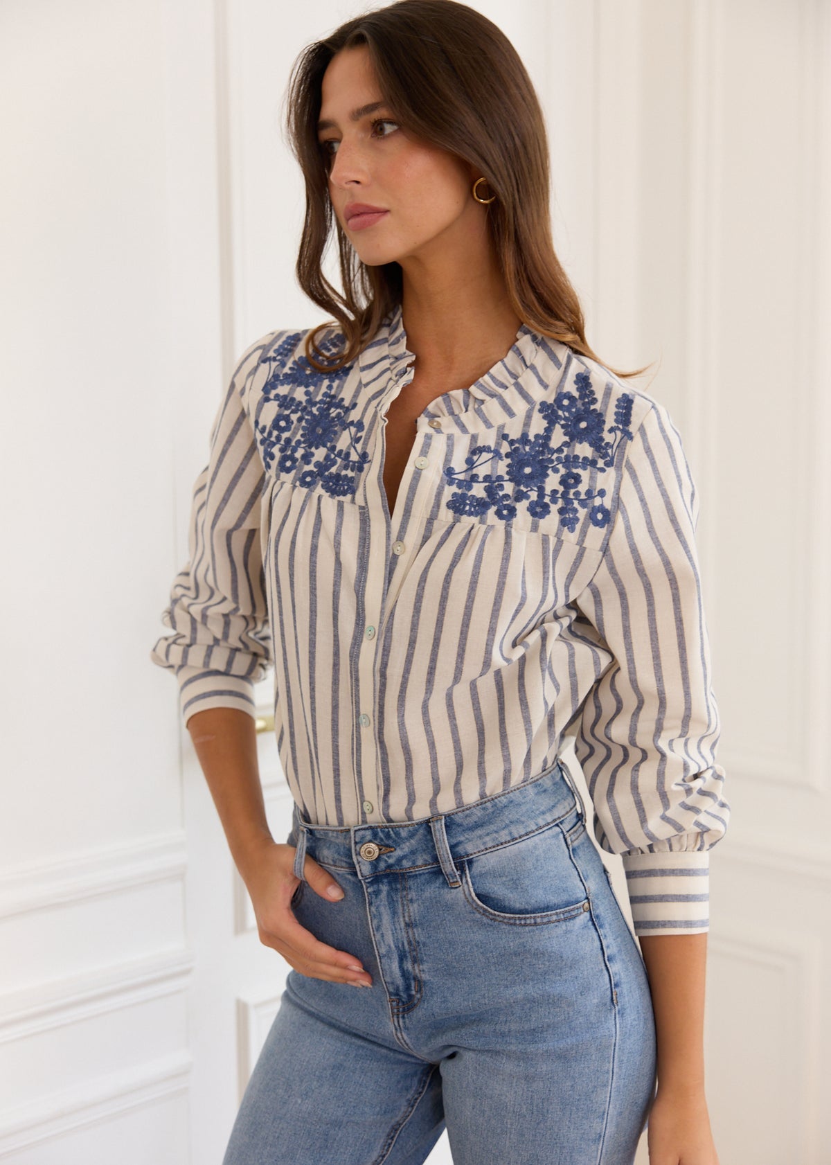 Victoria blue striped embroidered shirt