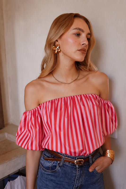 Laura red & pink stripe strapless top