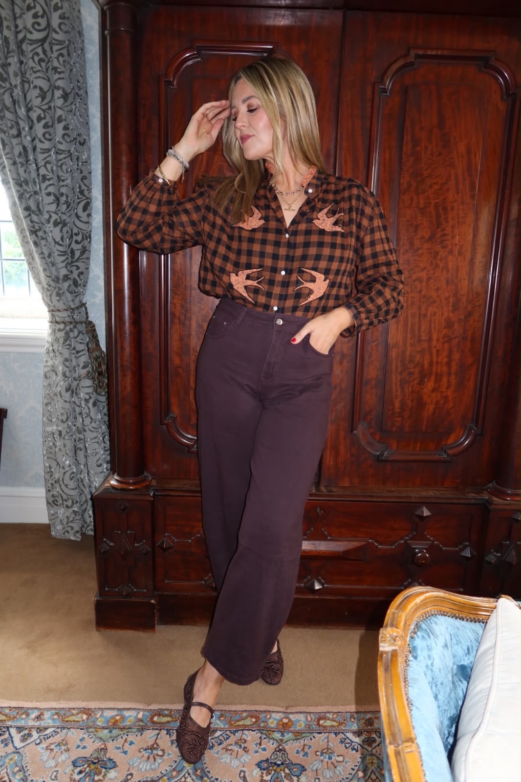 Kim swallow print check blouse