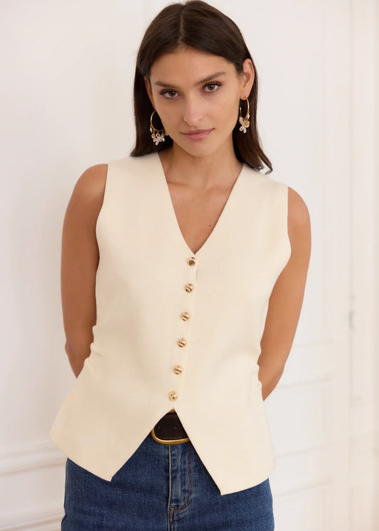 Lottie cream knitted waistcoat gold buttons