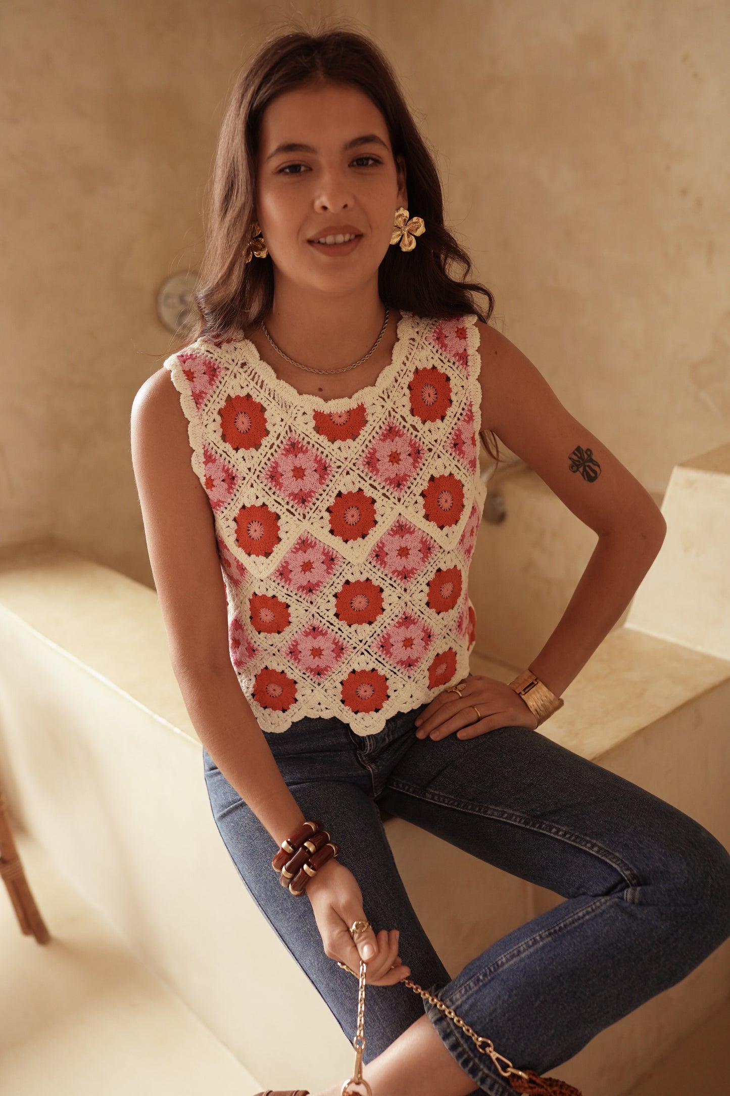 Cleo pink and red crochet cropped top