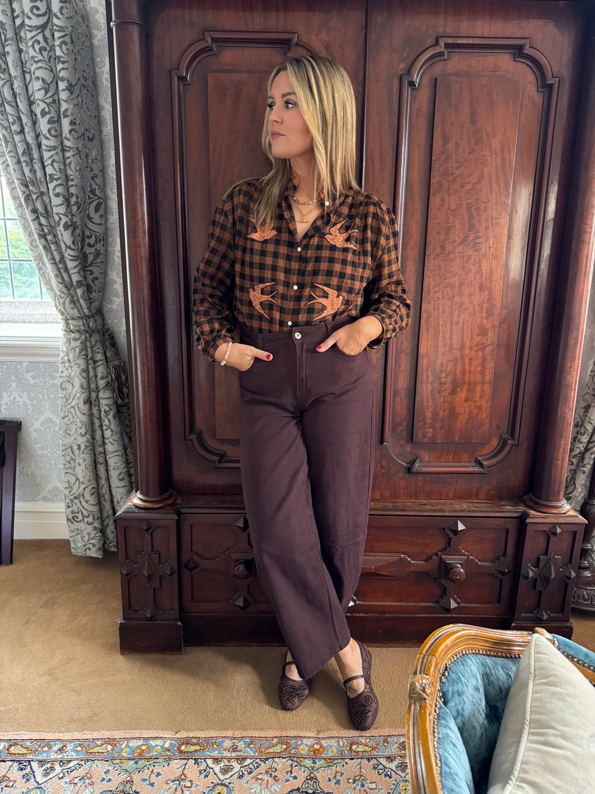 Kim swallow print check blouse