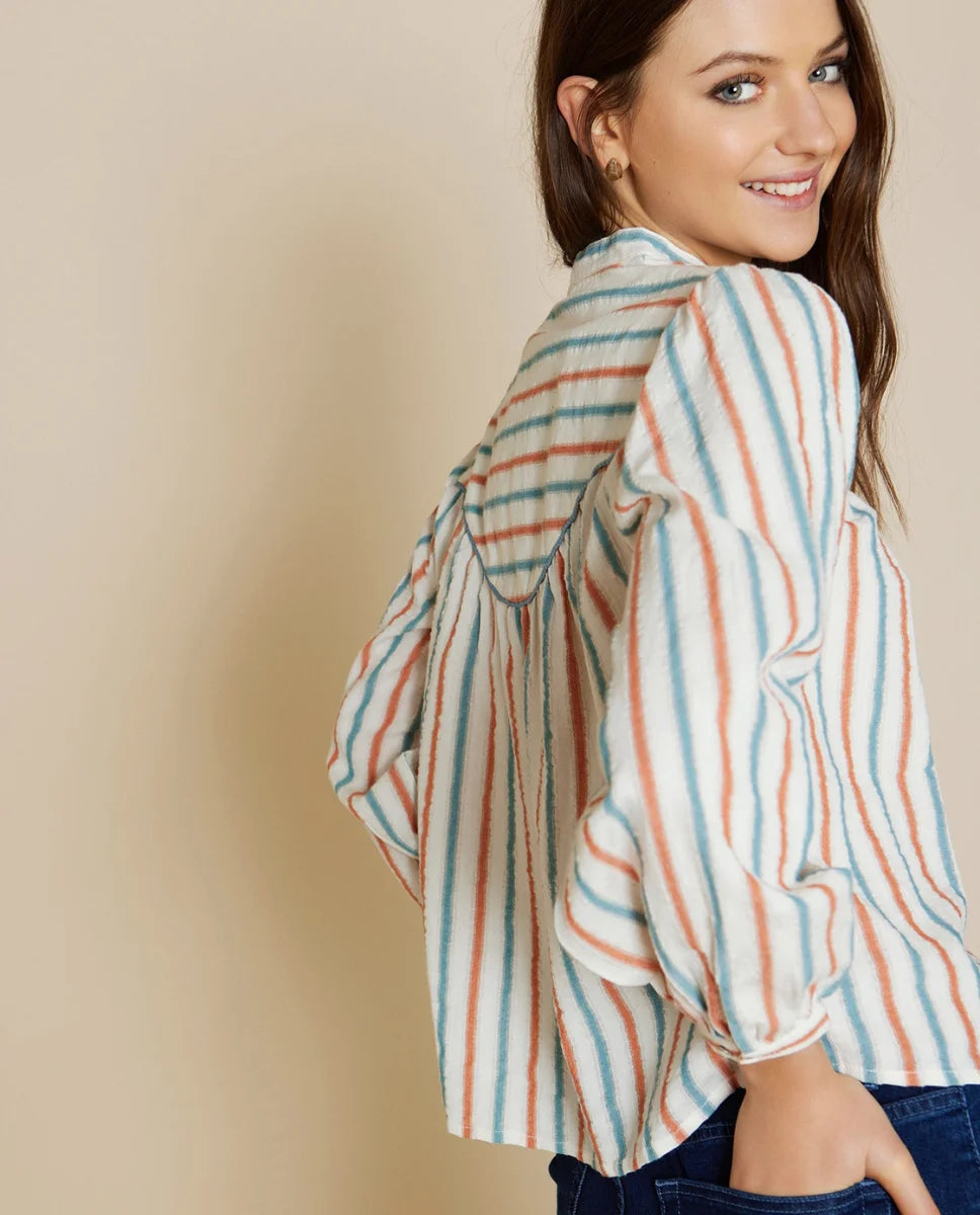 Striped yoke print cotton blouse