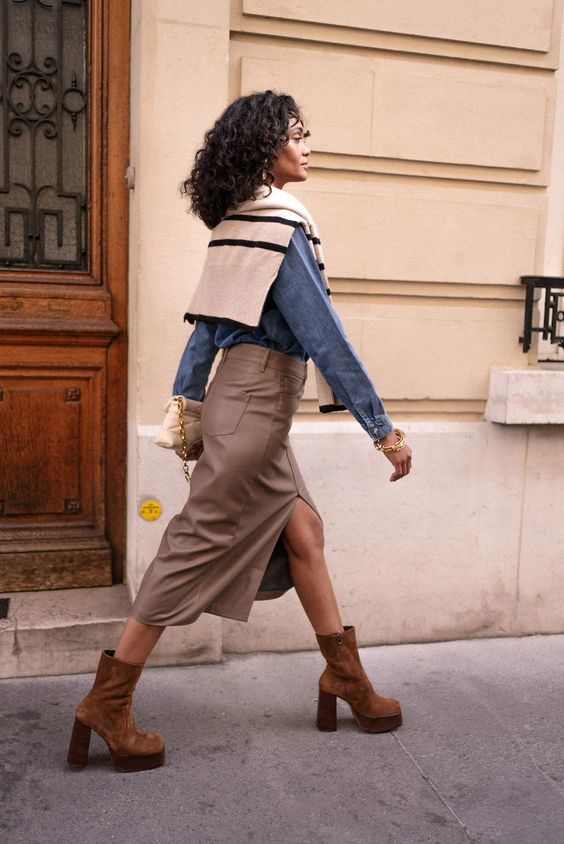 Taupe Mid-length leather skirt with slit