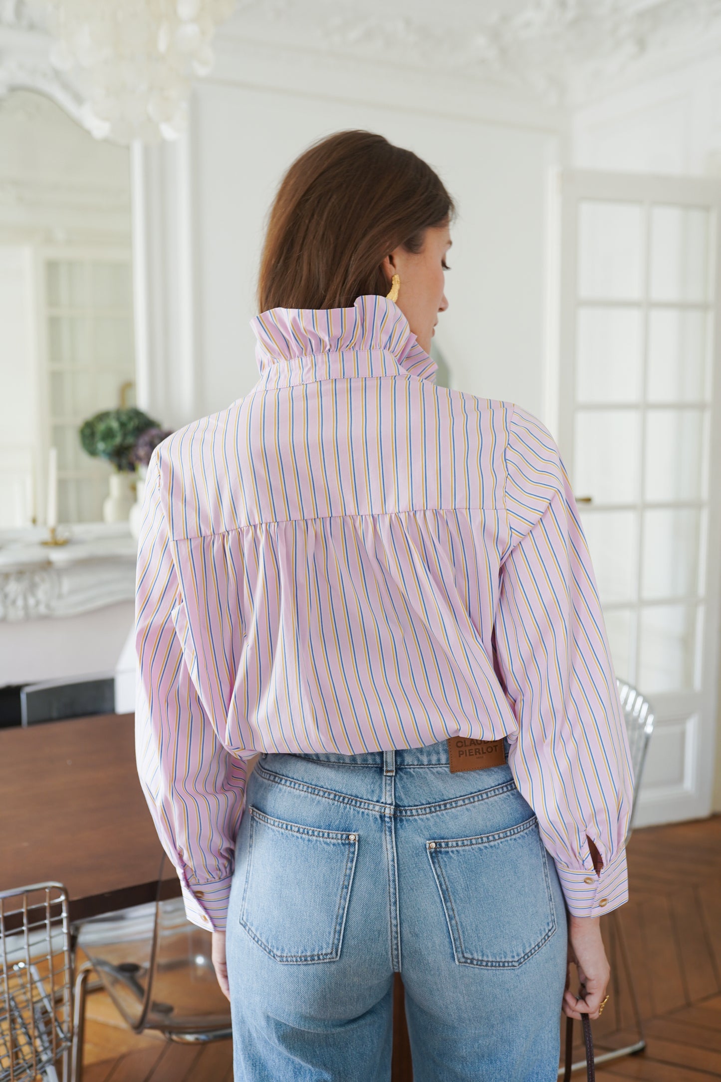 Isla pink striped high collar shirt
