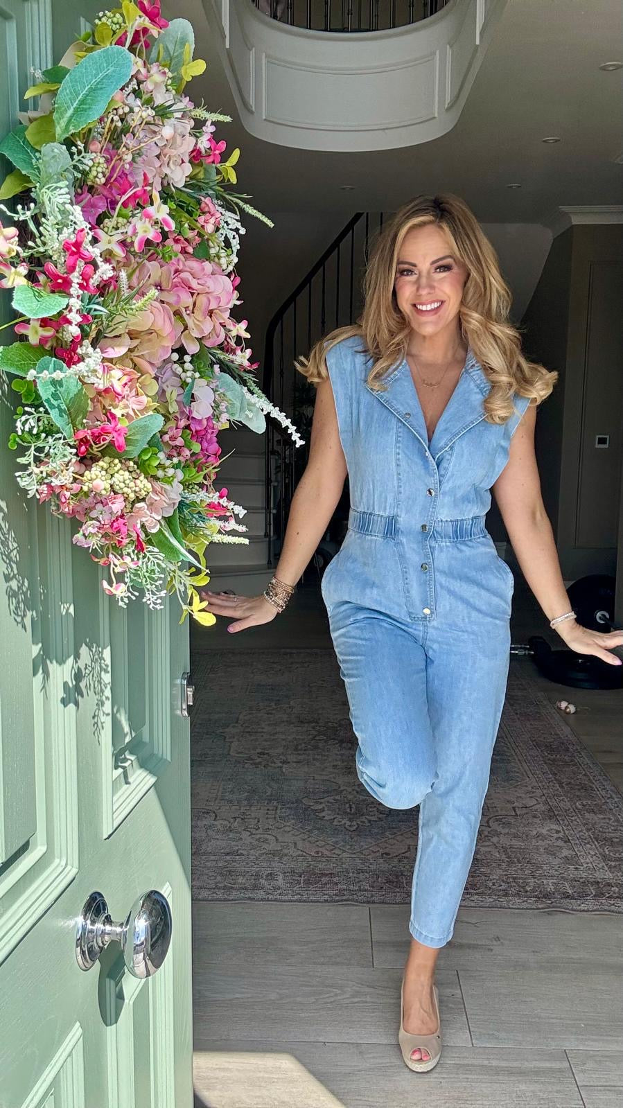 Evie short sleeve light wash blue denim jumpsuit
